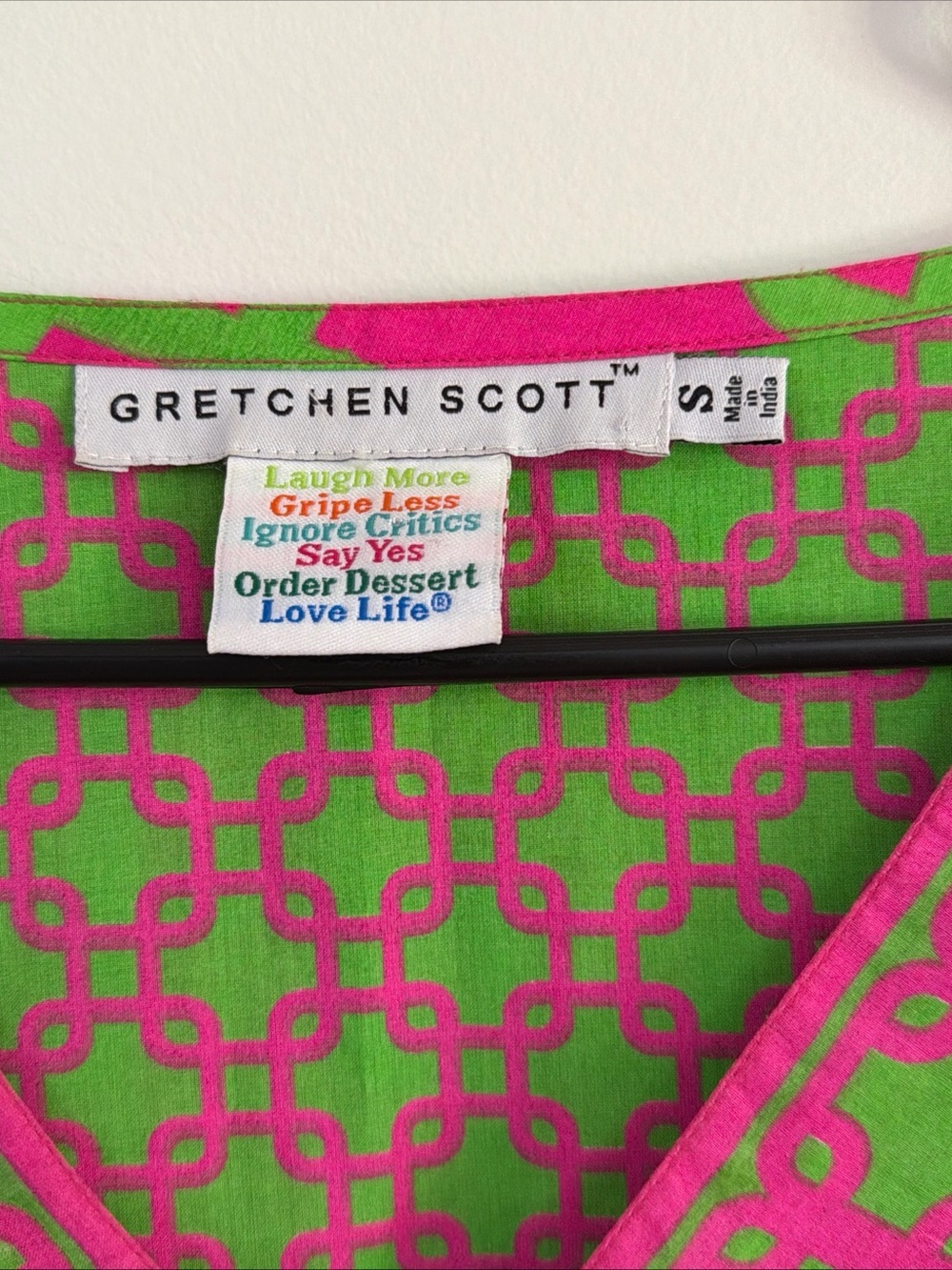 Gretchen Scott Small Cotton V Neck Tunic Top Pink Green Geometric Chain Link - Picture 3 of 11